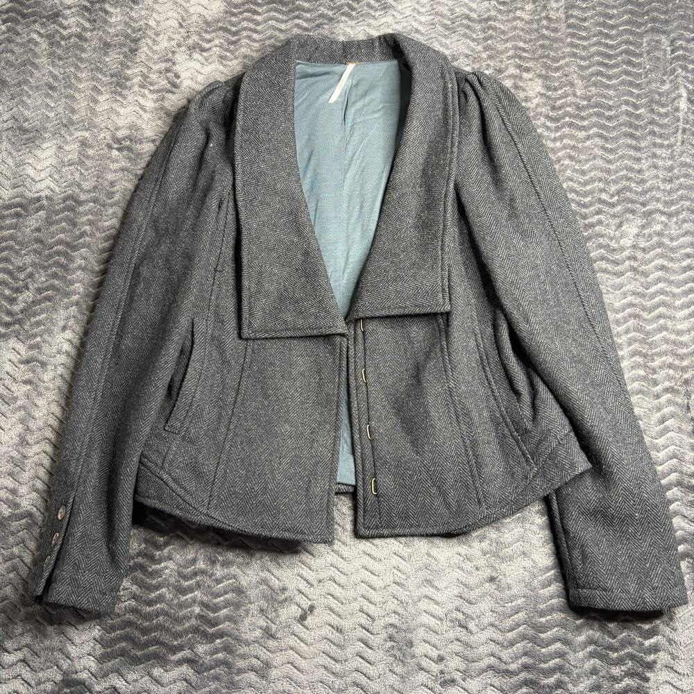 Free People Womens Herringbone Wool Blend Charcoal Grey Jacket Blazer Size 10